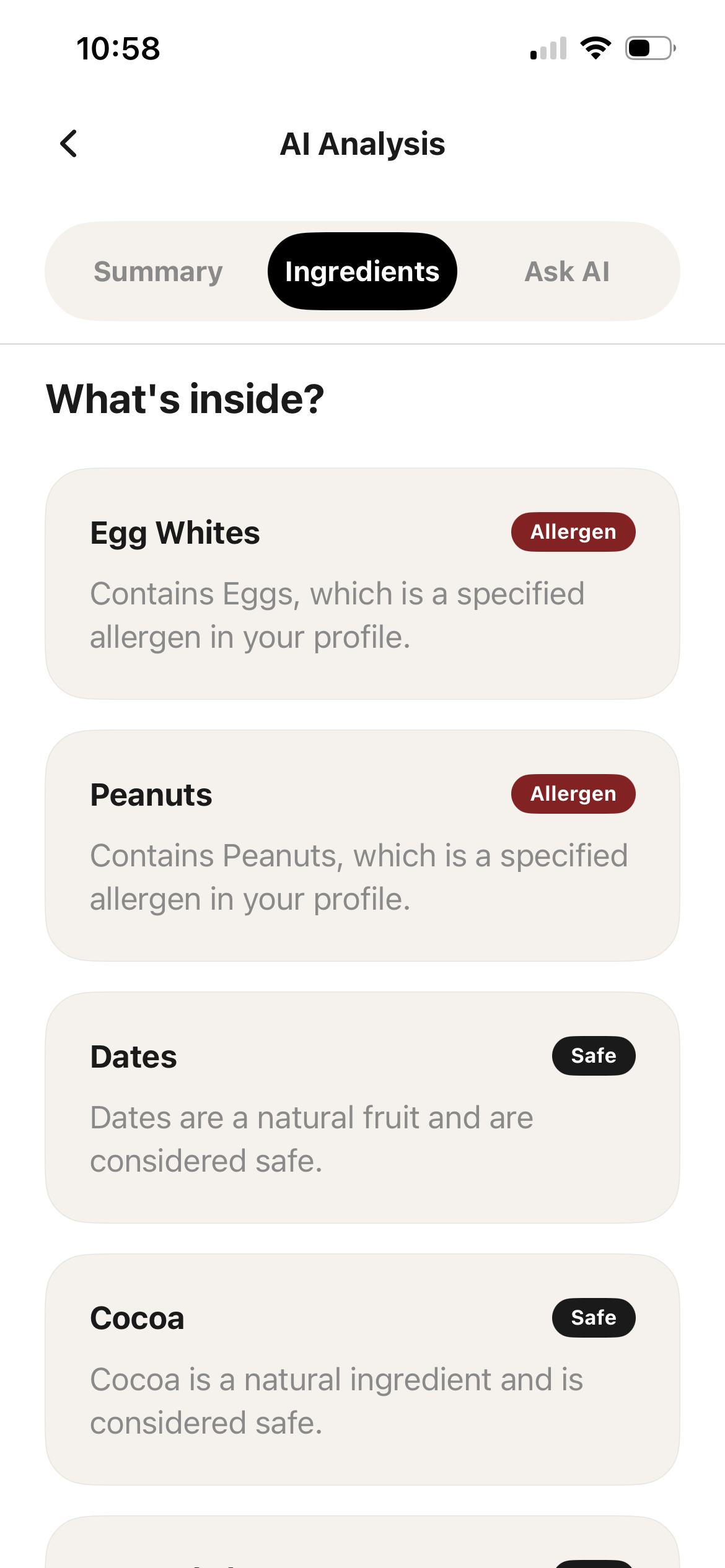 Ingredients Screen